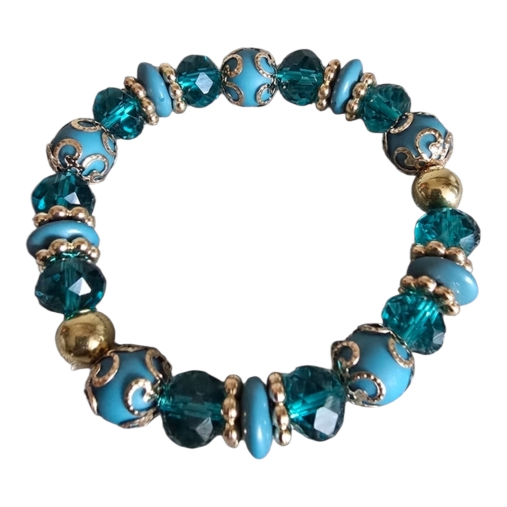 Beaded Gold Blue Stretch Elastic Bracelet